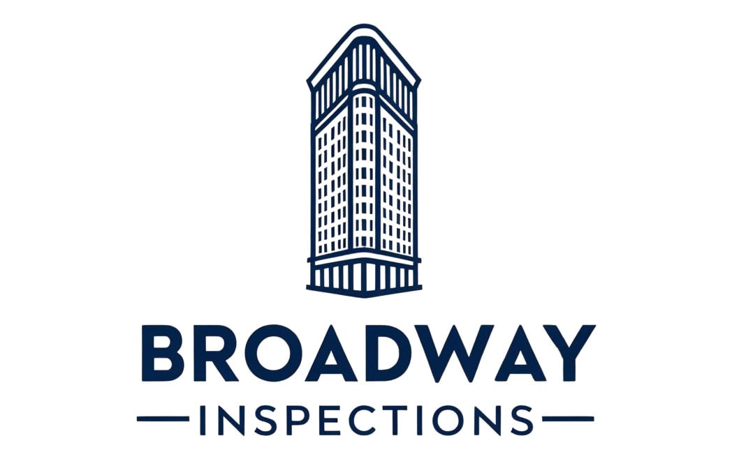 Logo featuring a stylized outline of a tall building above the bold text "BROADWAY" and smaller text "INSPECTIONS" with lines on either side, all in dark blue—perfect for engineering inspections NYC professionals.