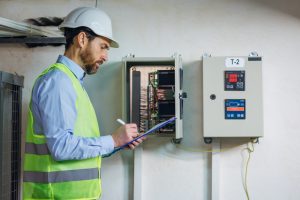 A man in a safety vest and hard hat writes on a clipboard while inspecting electrical control panels mounted on a wall during engineering inspections NYC.