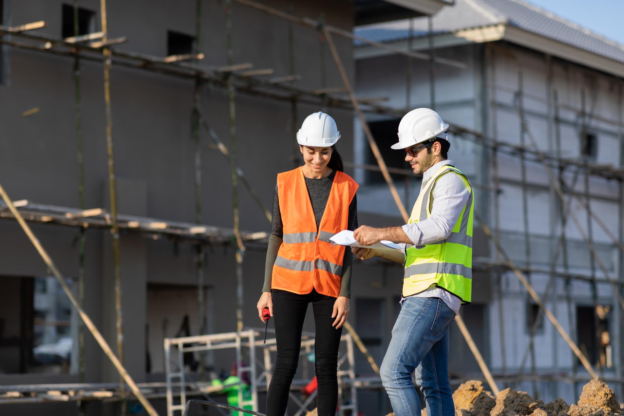 Two construction workers in safety vests and hard hats discuss project plans outside a building under construction. Scaffolding is visible in the background, highlighting the importance of engineering inspections NYC for safety and compliance.