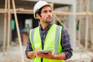 A construction worker wearing a white hard hat and neon safety vest holds a tablet, conducting special inspections NYC, and looks off to the side at a building site with wooden scaffolding in the background.