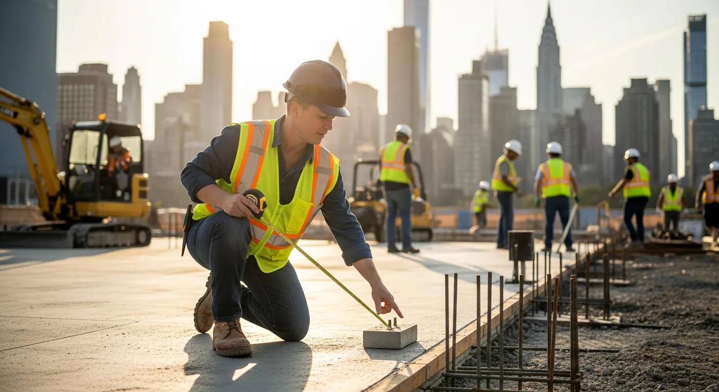 A construction worker wearing a hard hat and safety vest measures a concrete slab at a building site, with several other workers and city skyscrapers visible in the background.