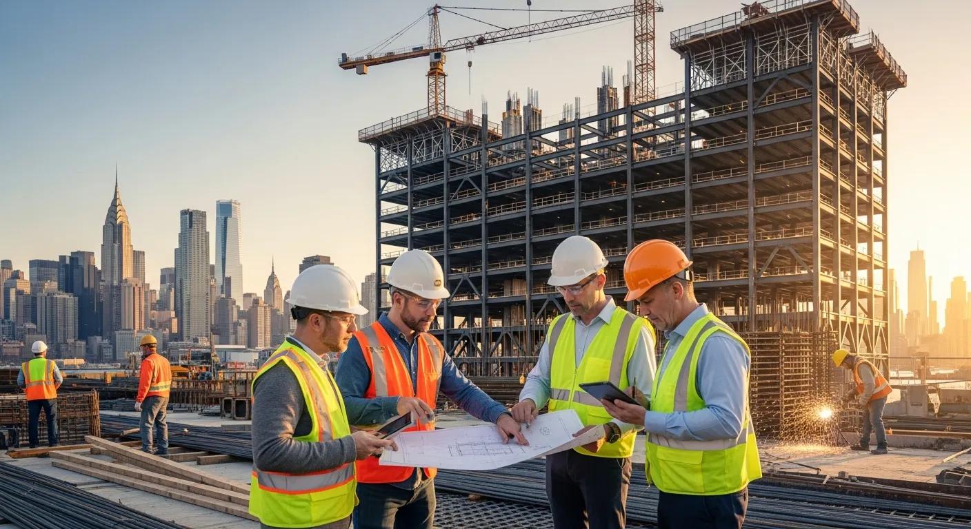 Four construction workers wearing safety vests and helmets review blueprints and tablets at a building site, with a steel-frame skyscraper and city skyline visible in the background.