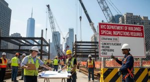 Construction workers wearing safety gear review blueprints at an urban building site, surrounded by steel structures, cranes, and skyscrapers. A sign lists inspection requirements from the NYC Department of Buildings.