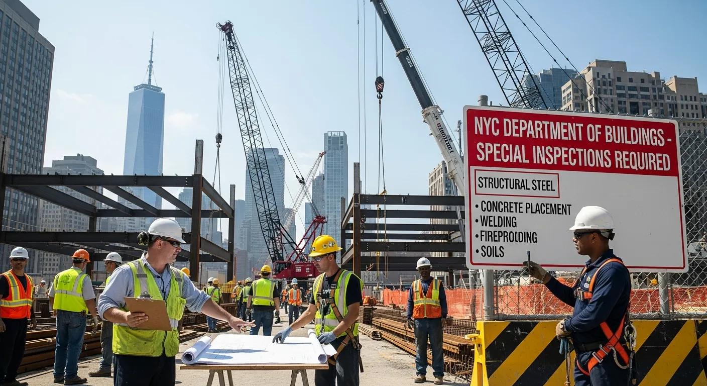 Construction workers wearing safety gear review blueprints at an urban building site, surrounded by steel structures, cranes, and skyscrapers. A sign lists inspection requirements from the NYC Department of Buildings.