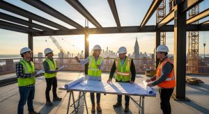 Five construction workers in safety gear review blueprints on a table at a building site with steel beams, cranes, and a city skyline in the background at sunset.
