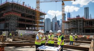Construction workers in safety vests and helmets review blueprints at a building site with cranes, steel beams, and scaffolding, with a city skyline and skyscrapers visible in the background.