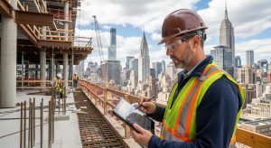 A construction worker in a hard hat and safety vest uses a tablet on a high-rise building site, with the New York City skyline, including the Empire State and Chrysler buildings, visible in the background.