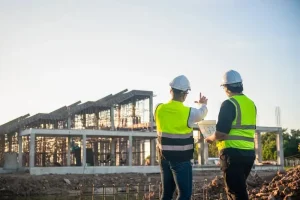 Two construction workers in safety vests and helmets discuss plans at a building site, with a partially constructed structure and steel beams in the background under a clear sky.