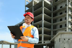 A man wearing a red hard hat, orange safety vest, and face mask around his neck holds a clipboard while smiling in front of a multi-story concrete building under construction for a Special Inspection Agency NY project.