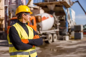 A construction worker wearing a yellow hard hat, safety vest, gloves, and protective glasses stands with arms crossed at a construction site—an example of when you need a tenant protection plan for added site safety. Cement mixer truck and equipment in the background.