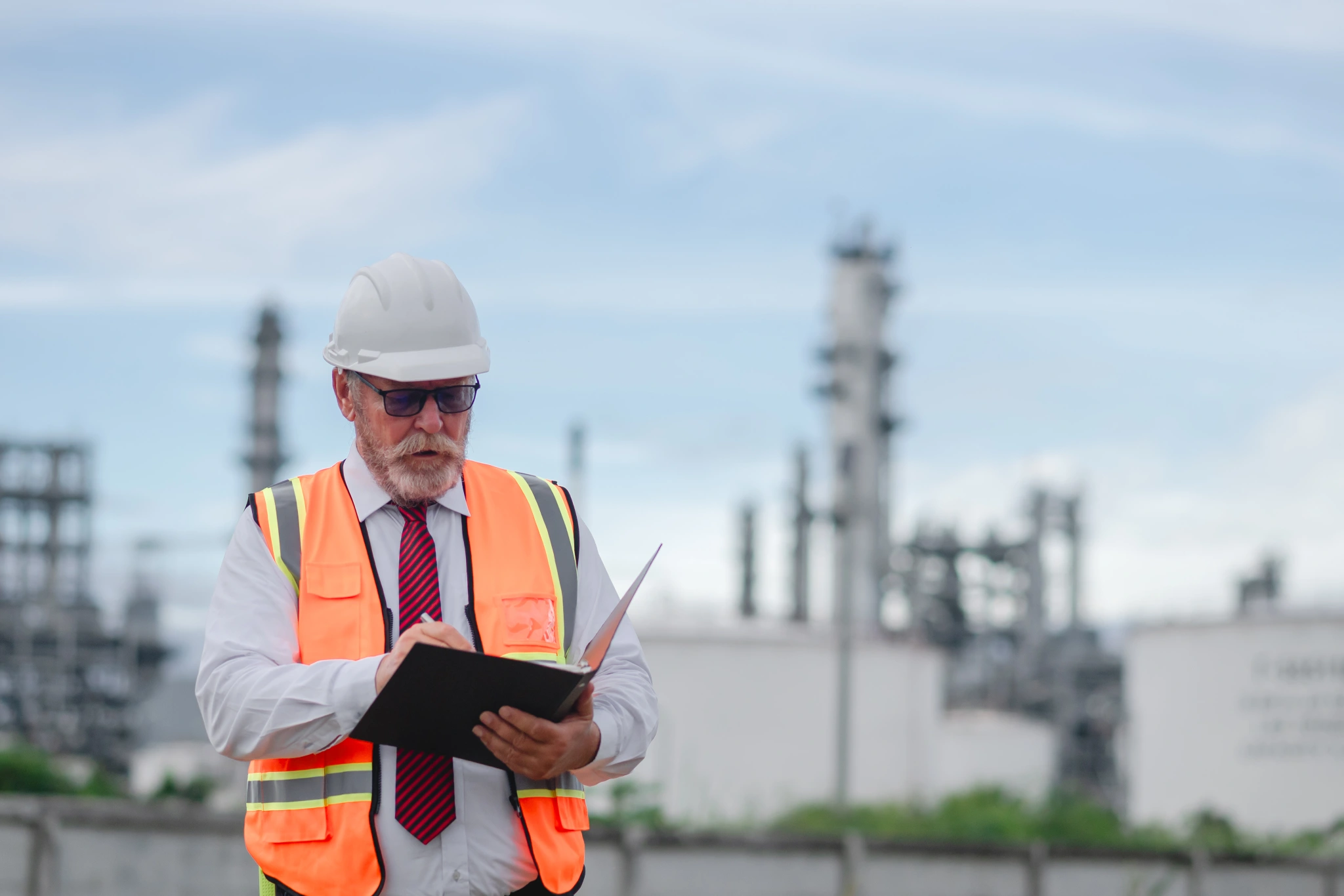 Older man wearing safety gear writes on a clipboard at an industrial site with large structures behind him.